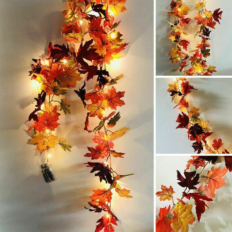 Autumn Fall Maple Leaves LED Lights Hanging Plant Halloween Artificial Flowers