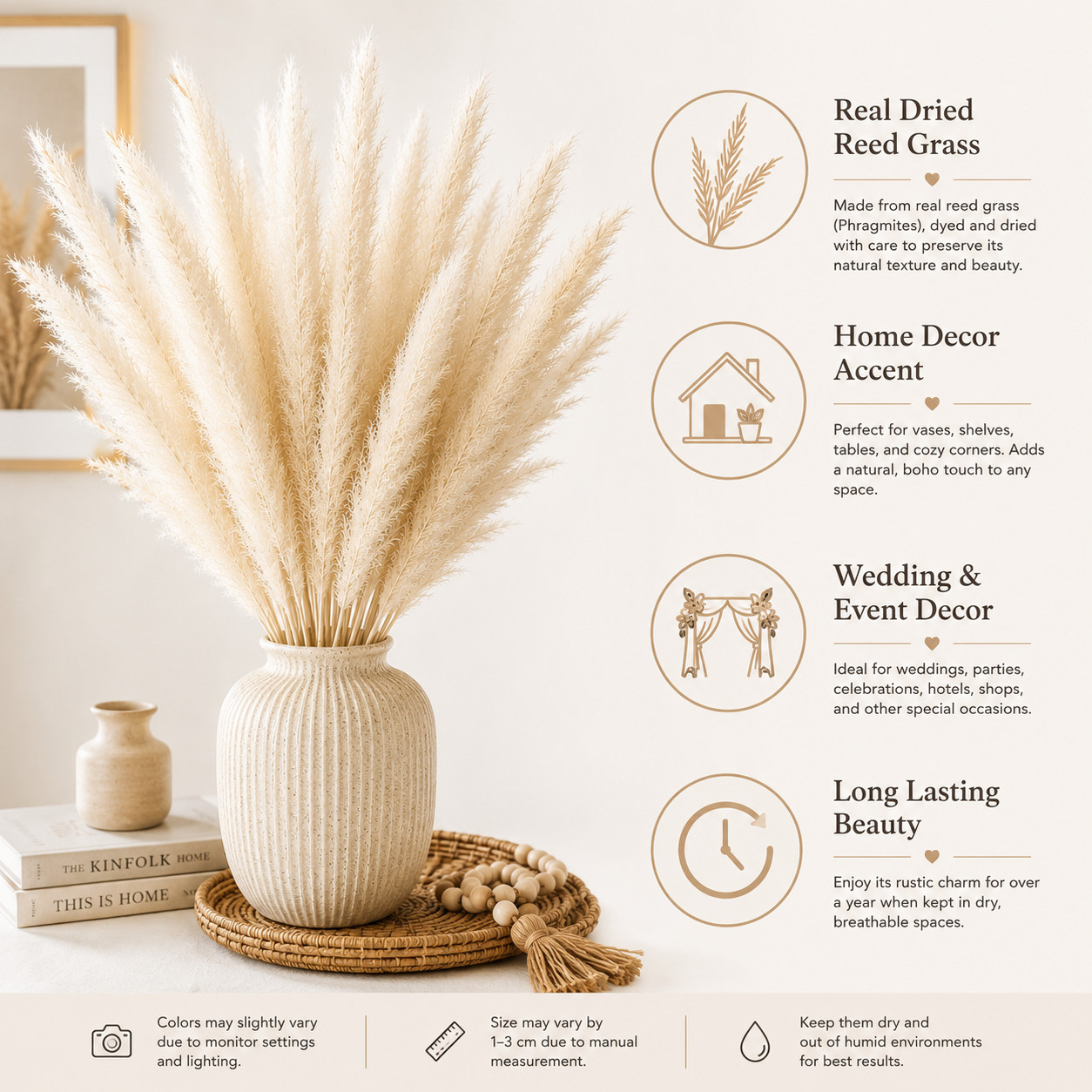 15 Stems Natural White Pampas Grass 21″ Dried Floral Bouquet Boho Home Decor