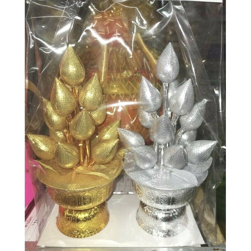 Thai Buddha Worship Phan Dhog Silver&Gold Lotus Offering Pedestal Small 2Pcs DHL