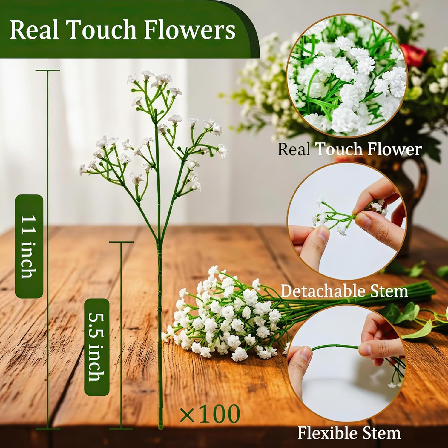 100Pcs Baby’s Breath Artificial Flowers, White Real Touch Gypsophila Fake Flower