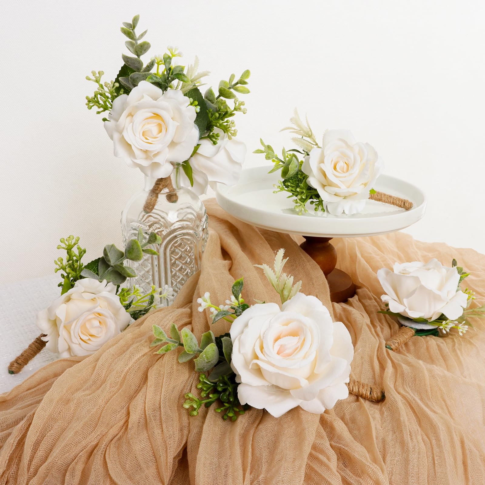 Ivory Rose Boutonniere for Men Wedding Set of 6 Groom Groomsmen Man Artificia