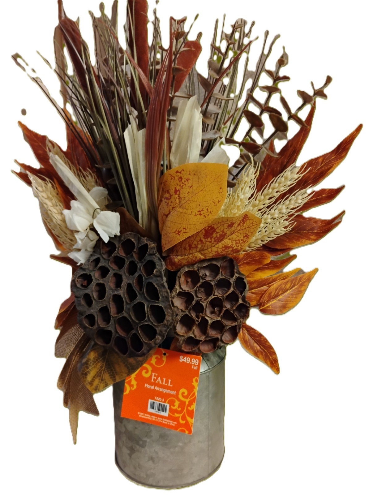 NWT Autumn Fall Floral Arrangement-Cattails & Lotus Pods-Silver Milk Can-18.75″T