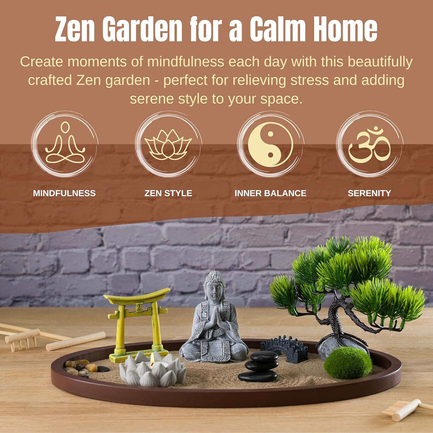 Zen Garden for Desk 13X8In – Japanese Decor with Buddha, Artificial Bonsai