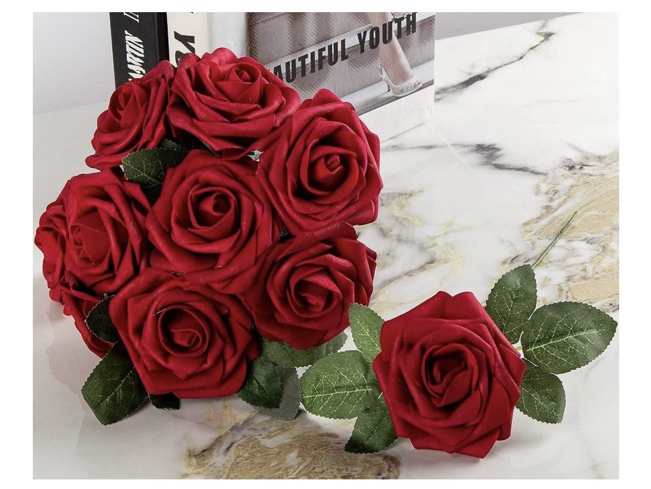 Artificial Flower Foam Rose 25pcs Real Looking Fake Rose with Stems Leaves