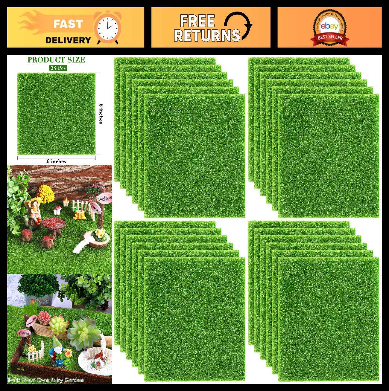 24 Pieces Artificial Grass for Crafts – 6×6 Inch Fake Turf for Fairy Garden, Dol