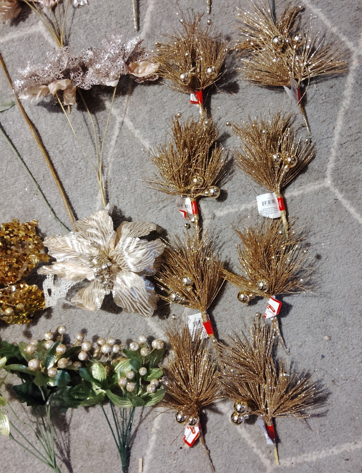 21 Faux Glitter Gold Branches, Flowers, Balls, Artificial Antler, Trees