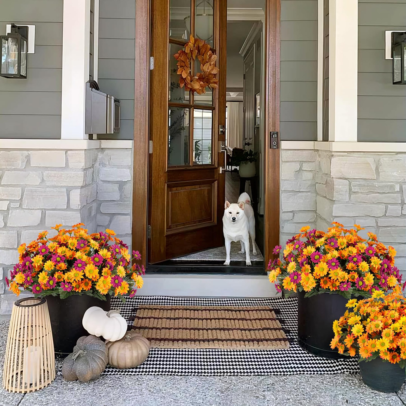 Fake Mums Spring Artificial Flowers for Outdoor Decoration, 6 Bundles Faux Si…
