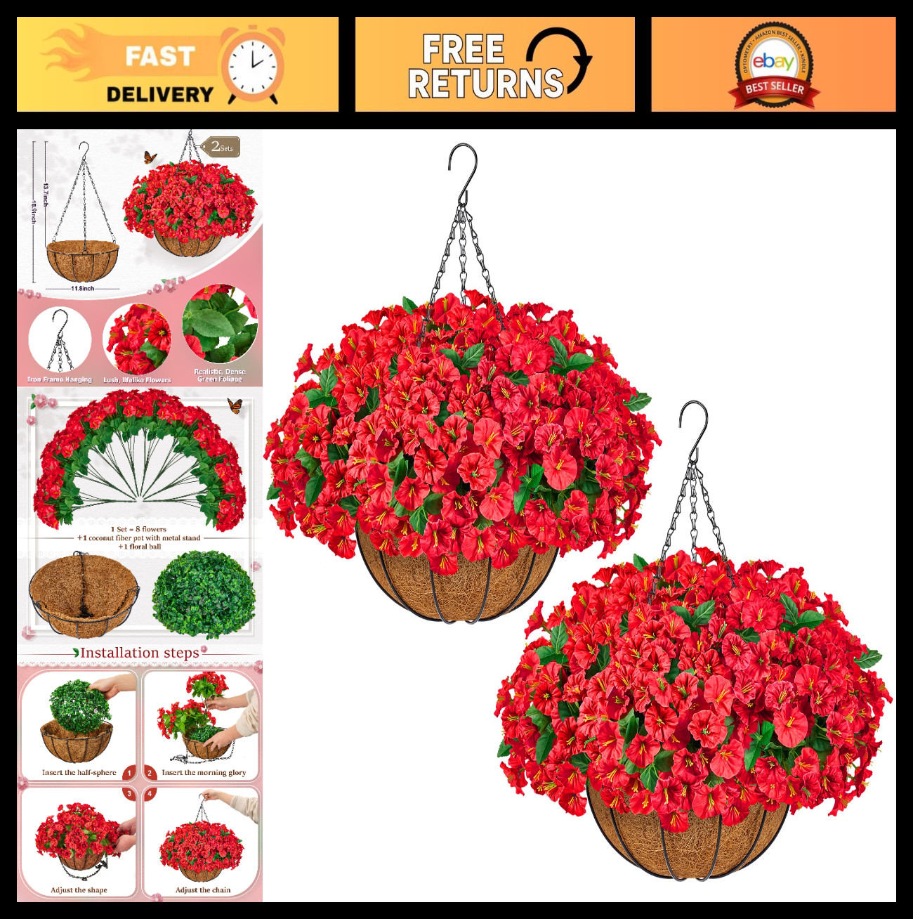 Set of 2 Faux Silk Morning Glory Hanging Flower Baskets for Outdoor Decor – 16 B