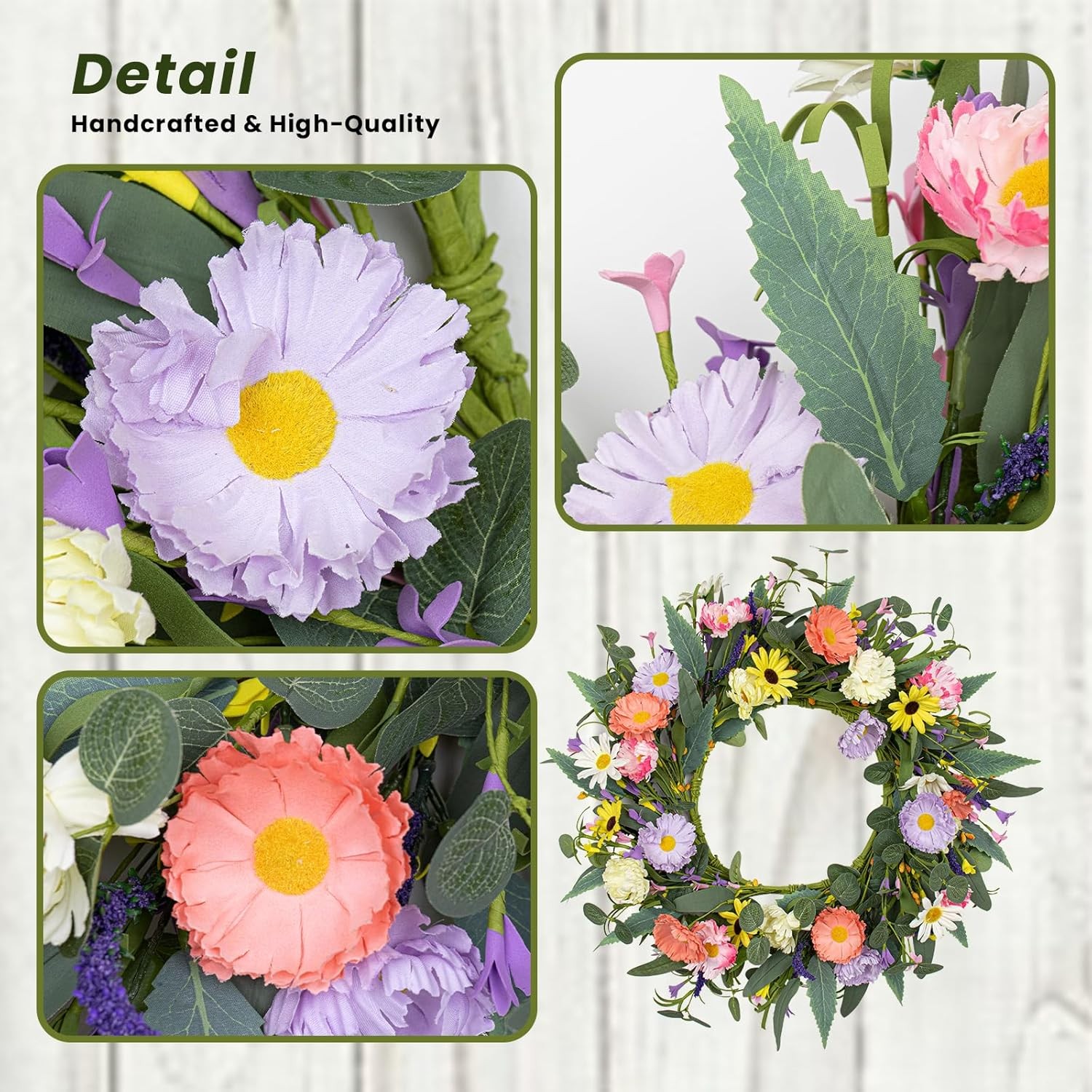 Artificial Spring Wreath 20” Purple Yellow White & Pink Flower Wreaths Summer