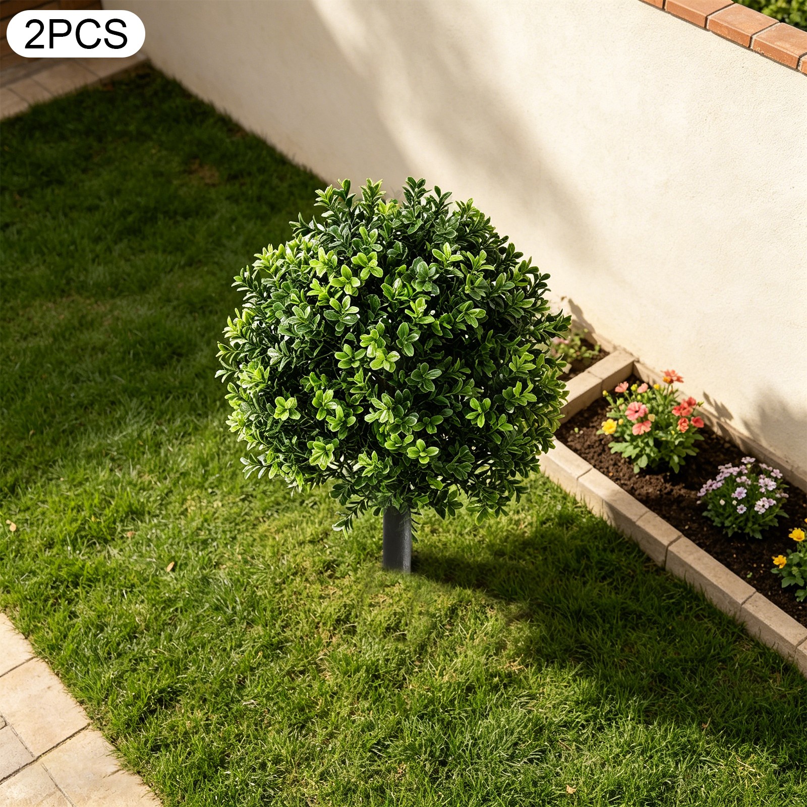 2pcs 22 inch Artificial Boxwood Topiary Ball Trees With Ground Spike UV-Tolerant