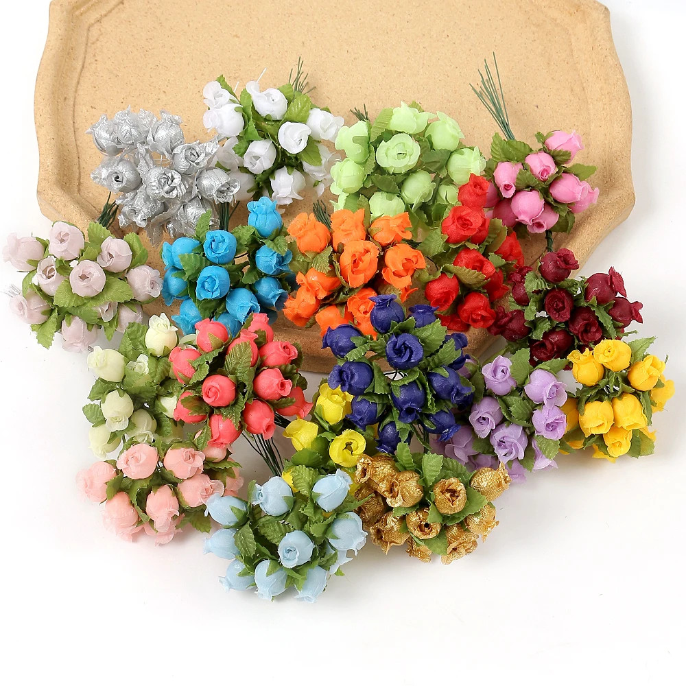 12Pcs/Lot Mini Artificial Rose Flowers Bouquet Silk Fake Flowers for Home Decor