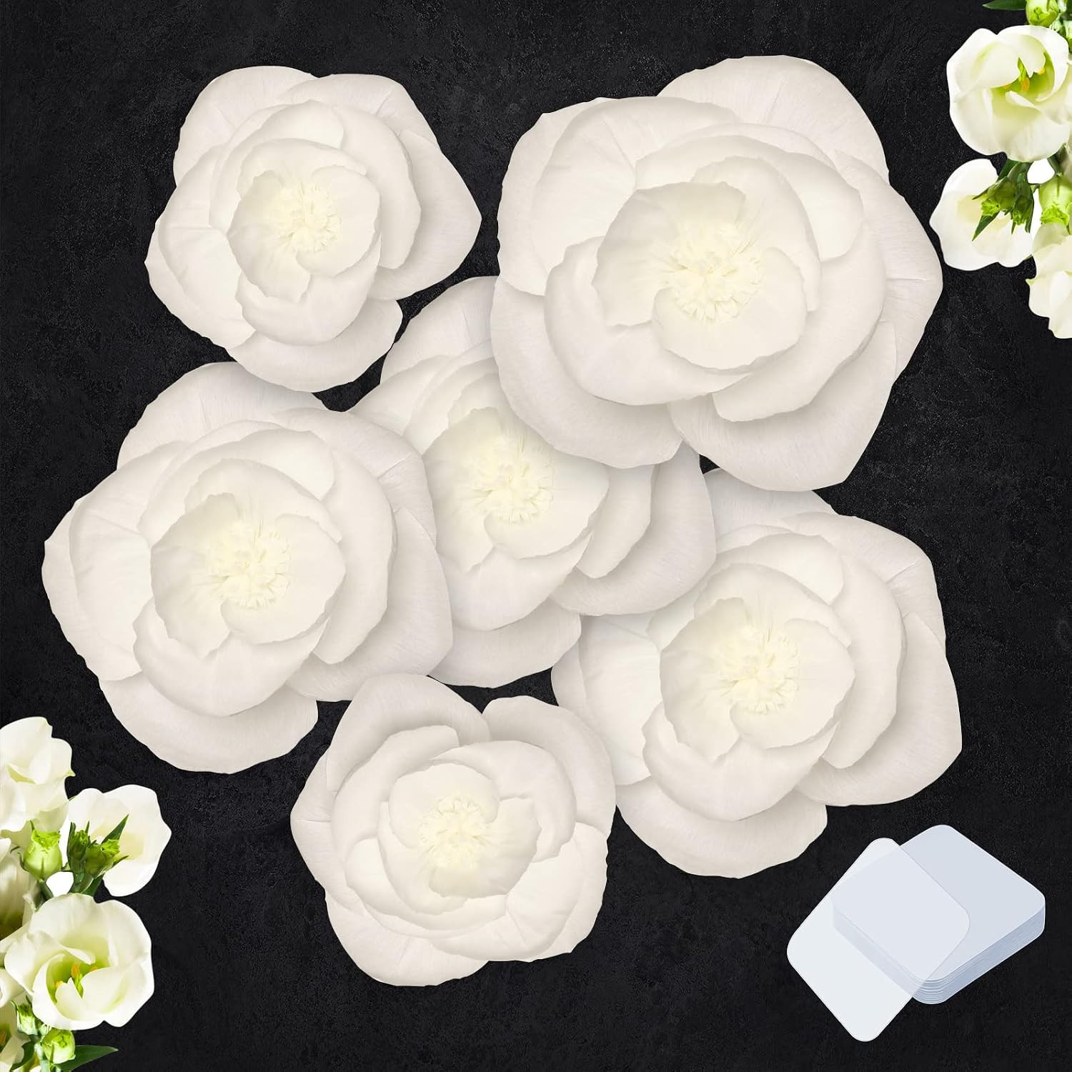 6 Pcs Extra Large Jumbo White Paper Flower Decorations for Wall with 10 Pcs Gel