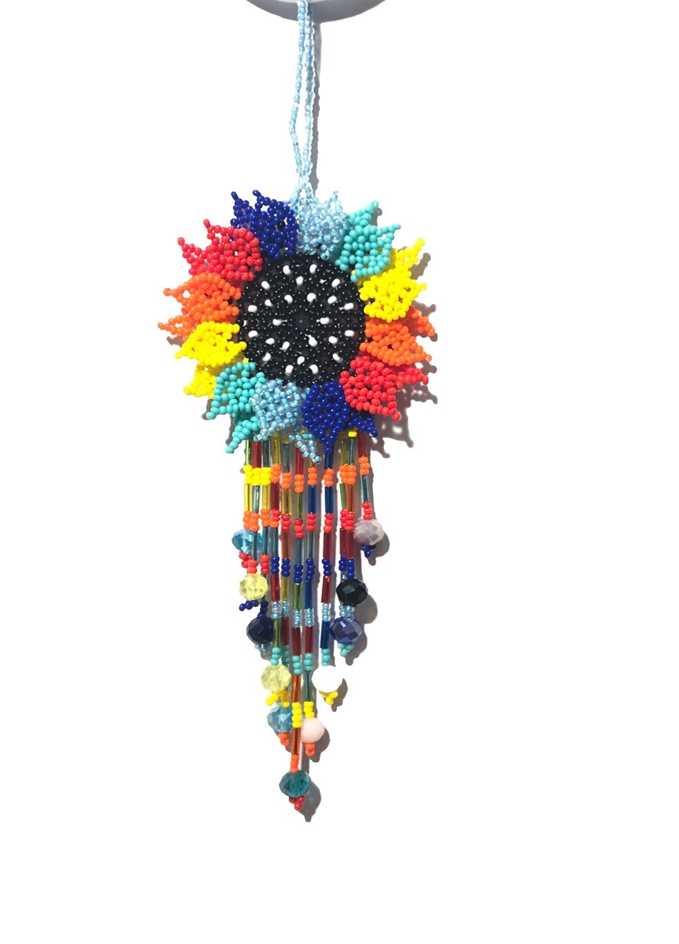 Hand Made Beaded Colorful Mexican Sunflower 5” Seed Bead Dangle Charm Ornament.