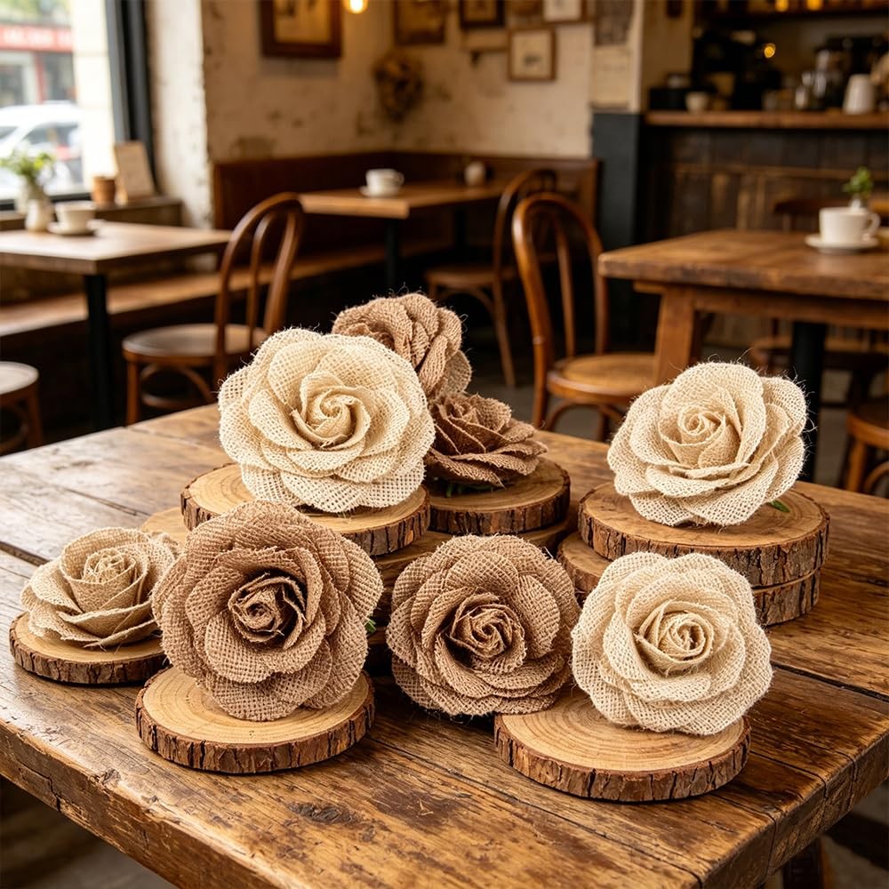 10 PCS Natural Burlap Rose Flowers, 3.94 Inches Large Handmade Rustic Jute Ro…