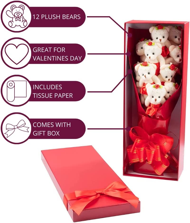 Deluxe Red Love Bear Bouquet One Dozen Long Stemmed Roses w Plush Bears in Tutus