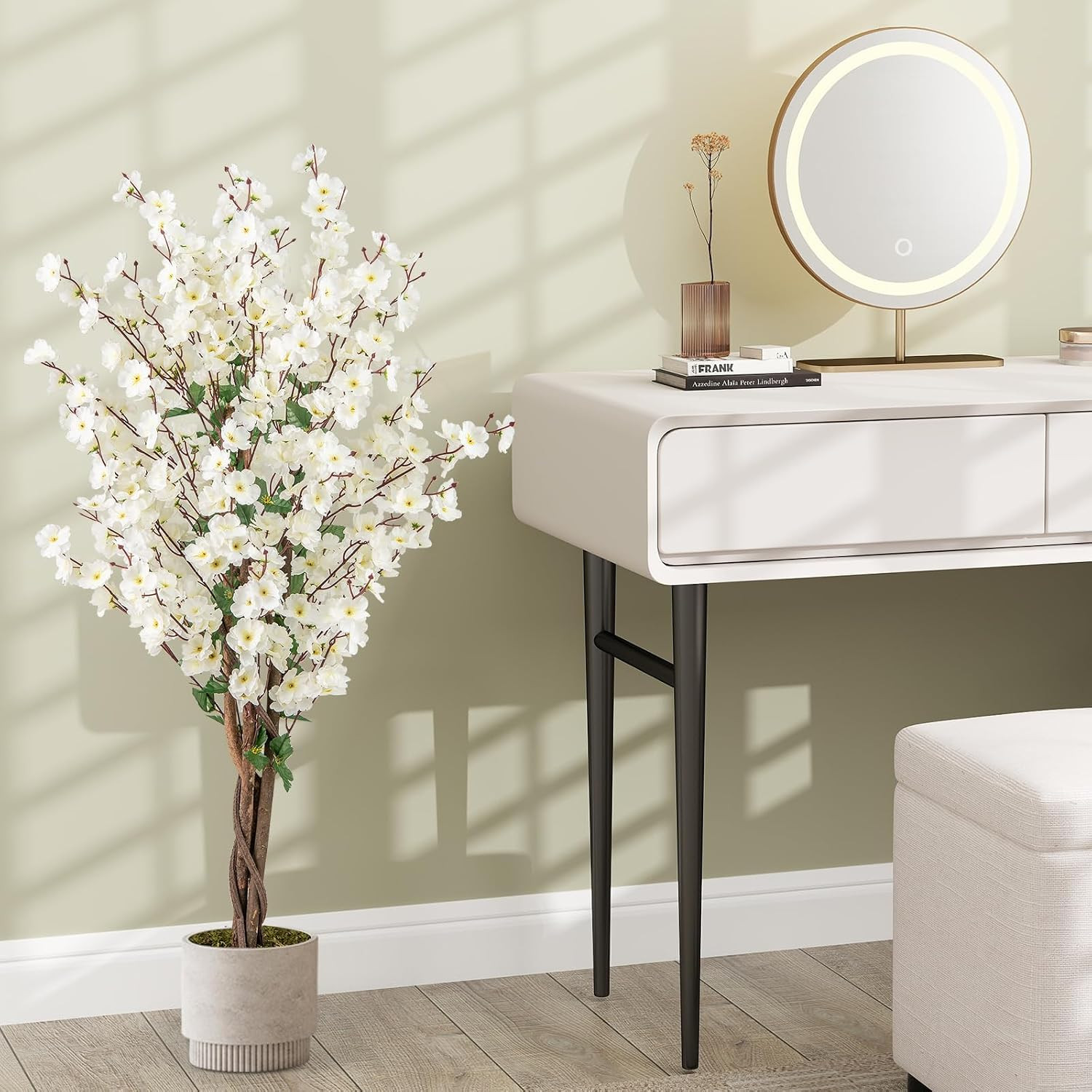 47” Artificial Wintersweet Tree, 2 Pack Faux Plum Blossom Plant with White Fabri