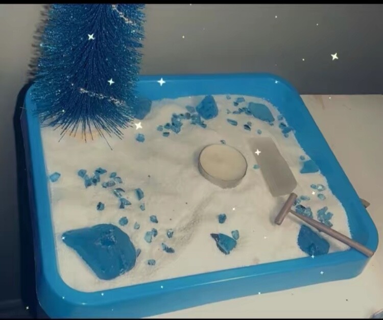 blue large zen garden with teddy bears and crystal bench and two lollipops