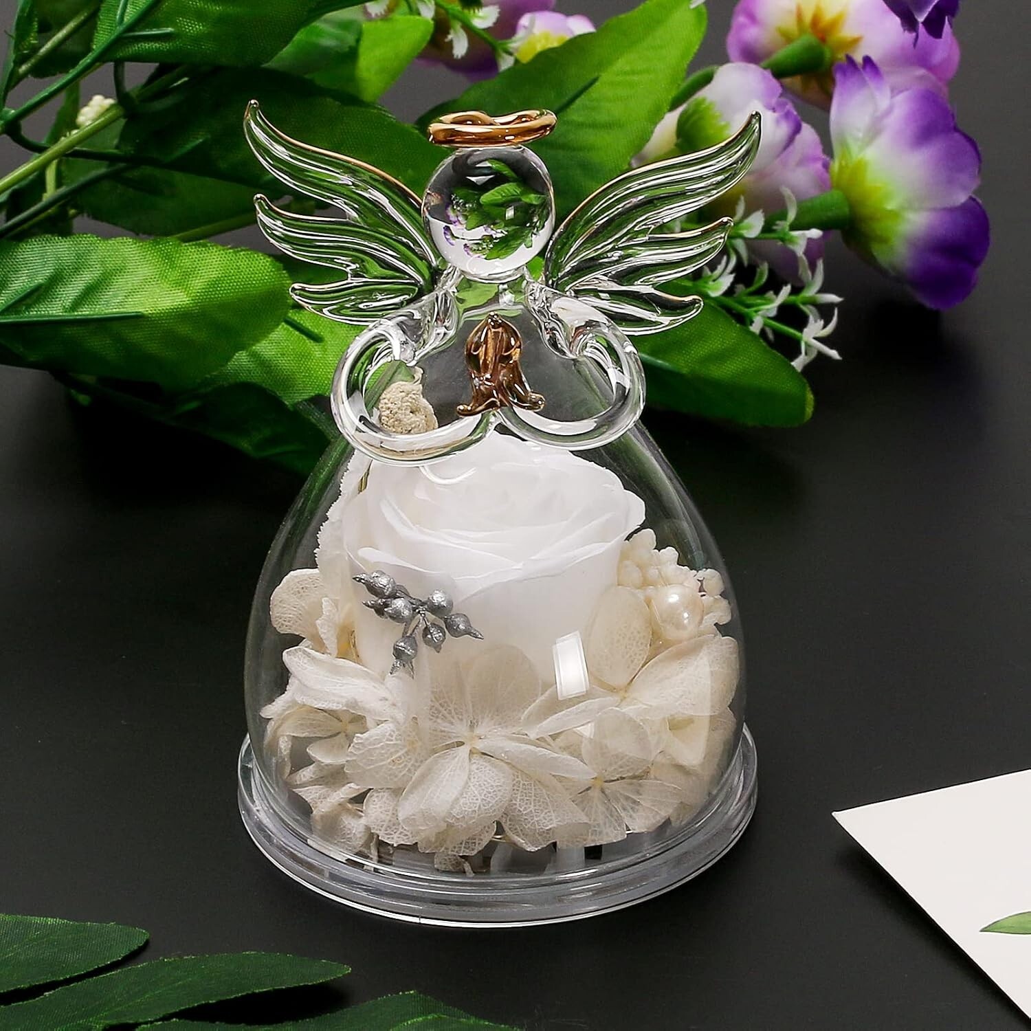 Sentimental Glass Angel Figurine with White Preserved Rose – Gift Box Included