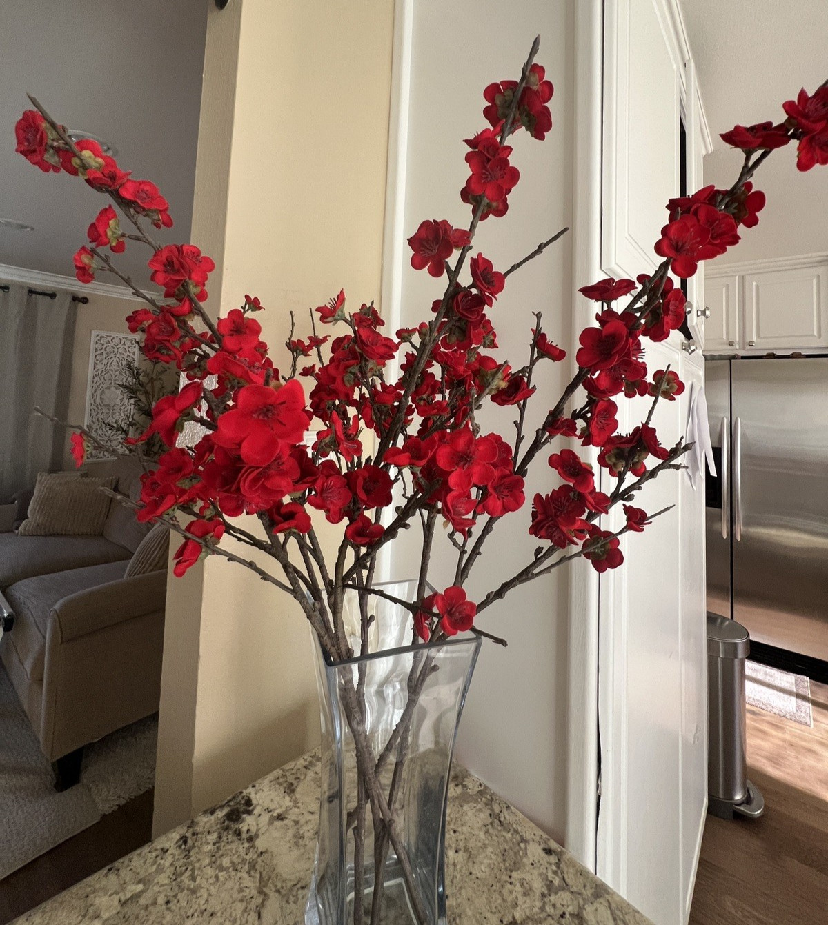 6 Stems Artificial Deep Red Cherry Blossom Branches Faux Flower Velvet-Like