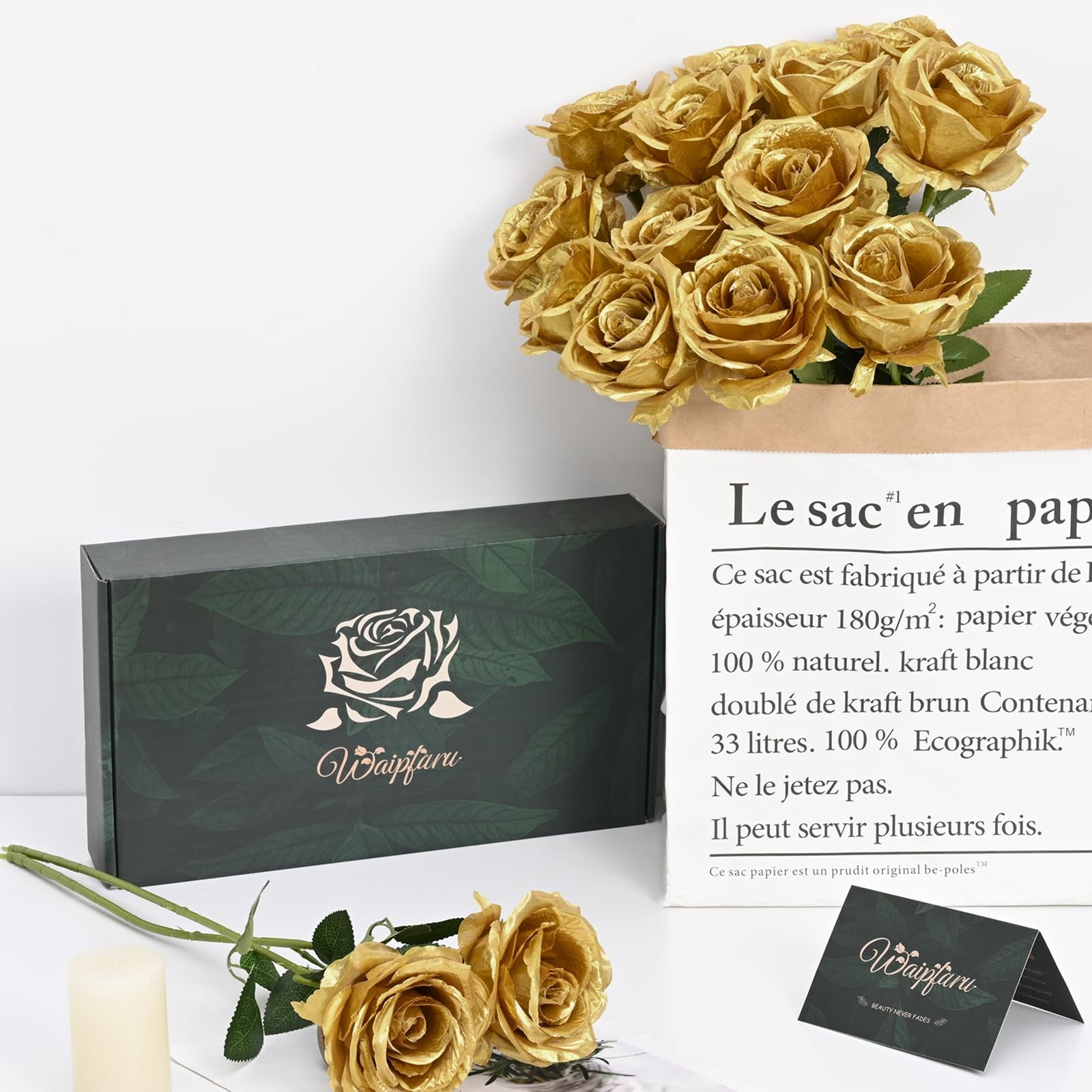 16 Pcs Fake Gold Roses Artificial Flowers with Long Stems, Rose Bouquet Silk …