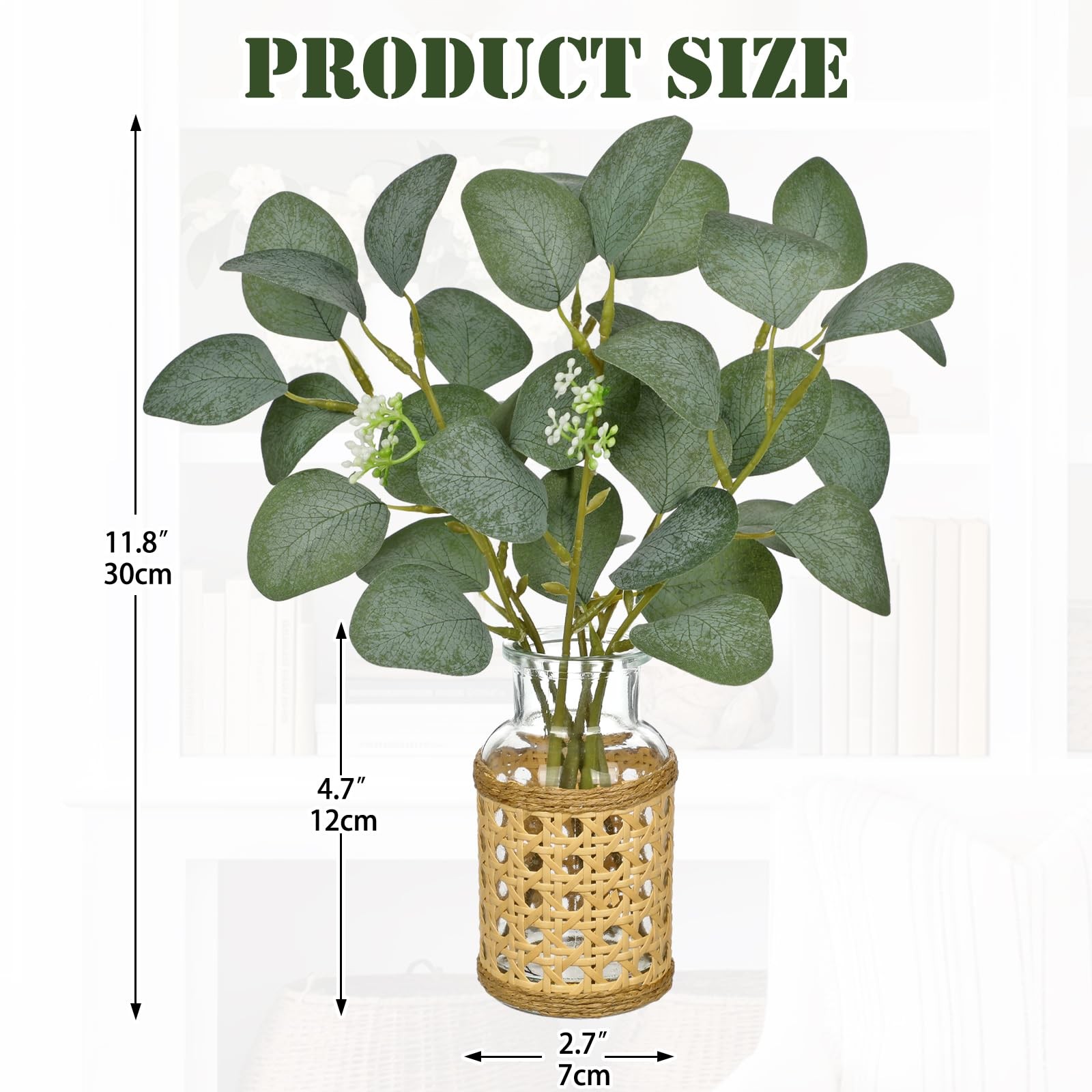 Artificial Eucalyptus Stems in Woven Glass Vase with Faux Water, 11.8″ Fake P…