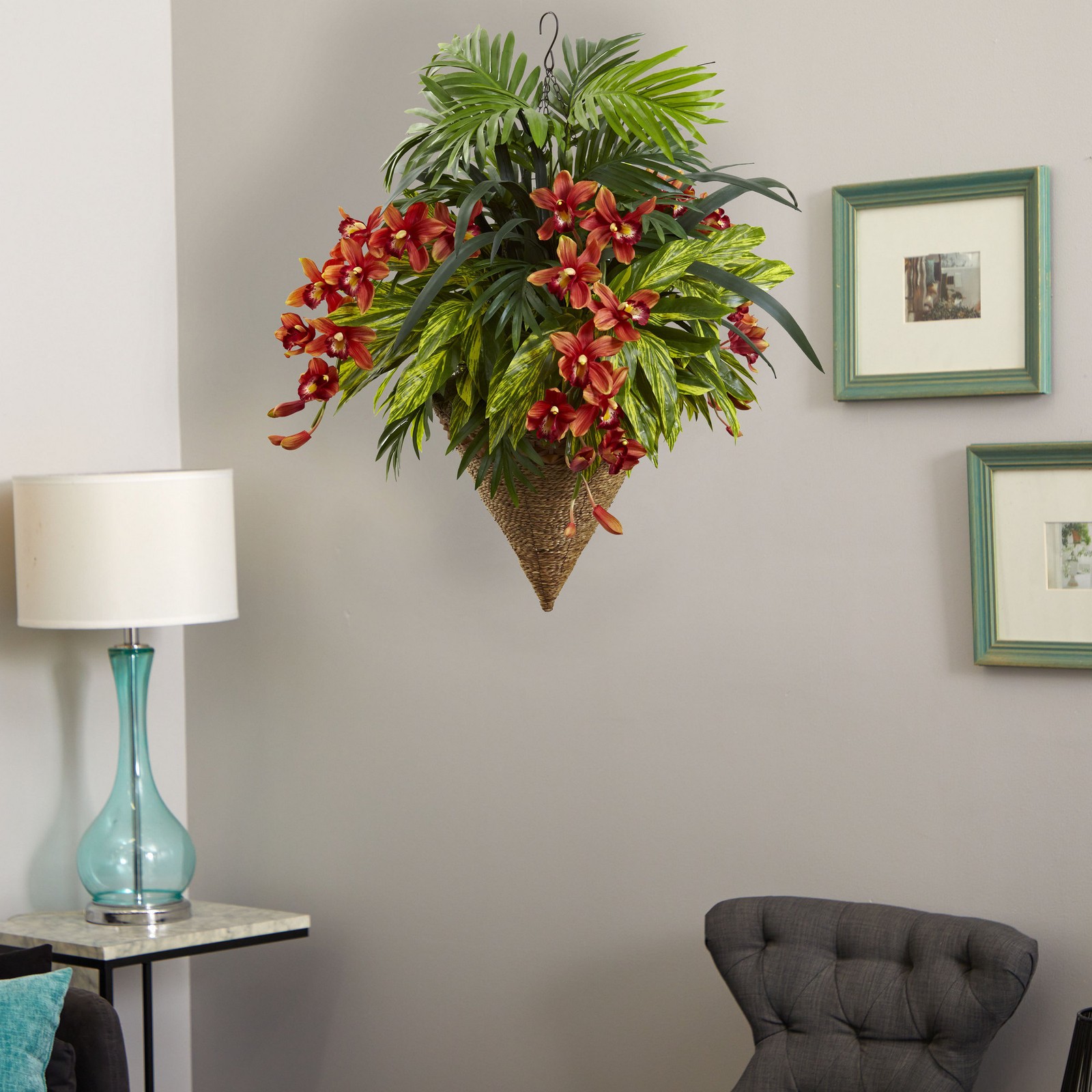 Nearly Natural Mixed Tropical & Cymbidium Hanging Basket in Red
