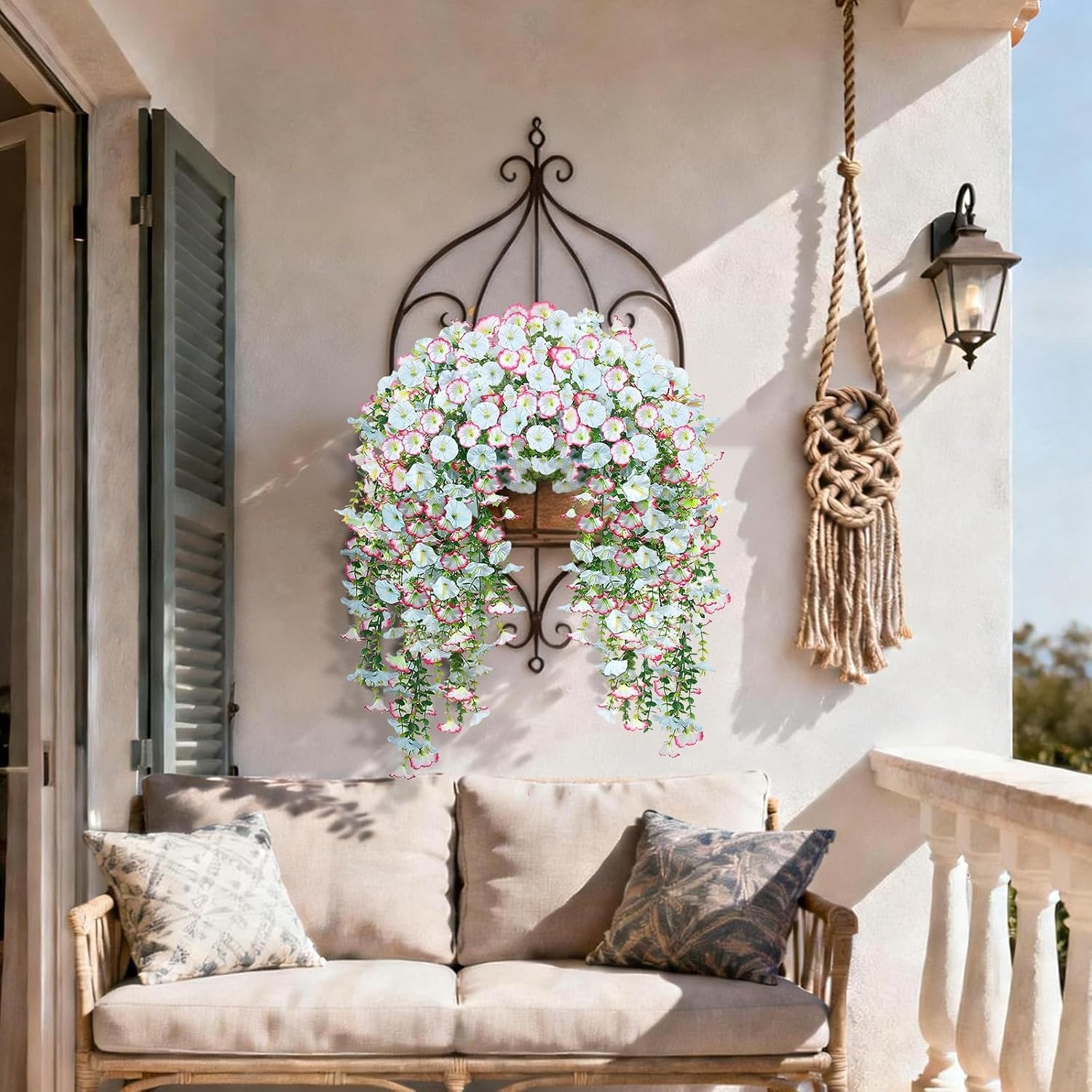 Artificial Hanging Flowers for Outdoors, 2 PCS 300 Blooms UV Resistant Morning