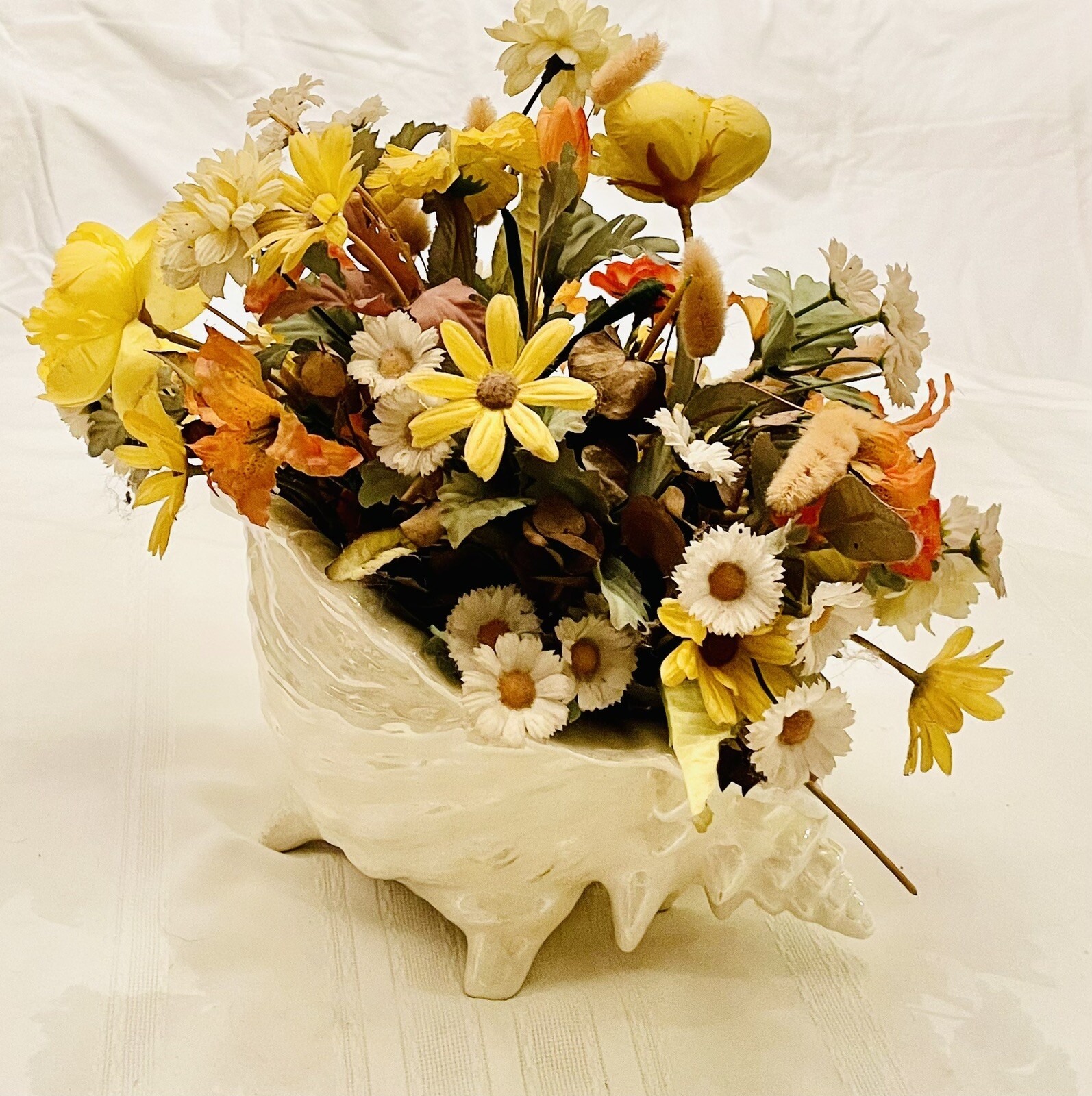 Floral Decor Multiple Silk Flowers In Ceramic Conch Sea Shell Planter 13” H