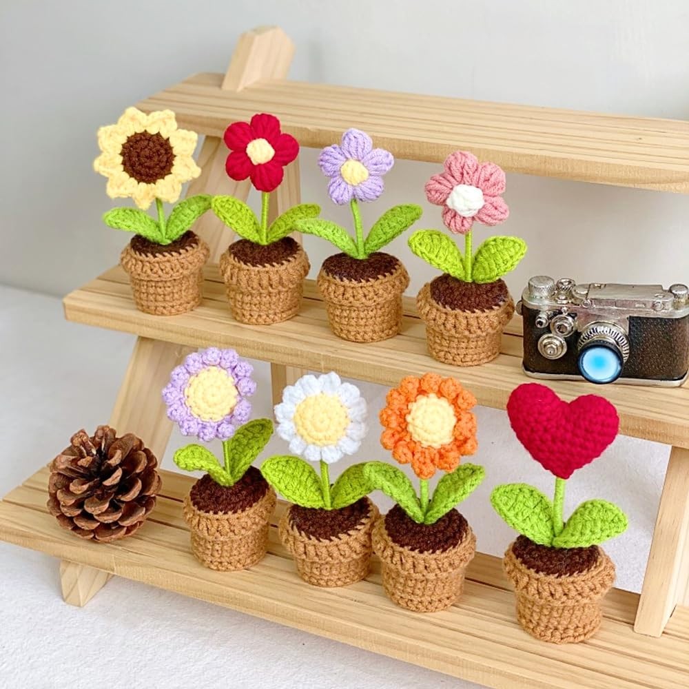 Cute Knitted Flower Plant, Kawaii Handmade Crochet Flowers,Small Potted Artif…