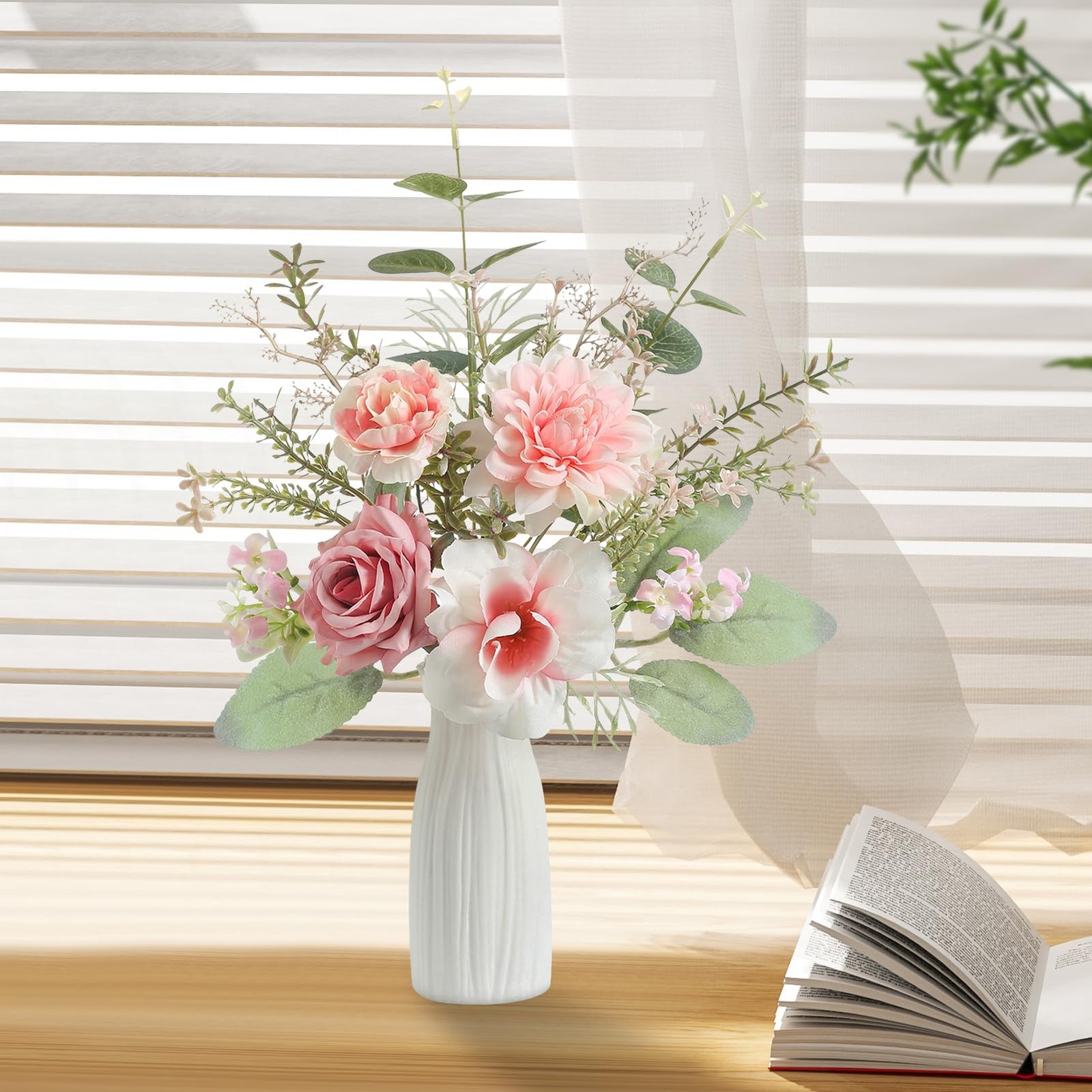 Small 11″ Artificial Flowers in Ceramic Vase – Pink Silk Flower Centerpiece f…