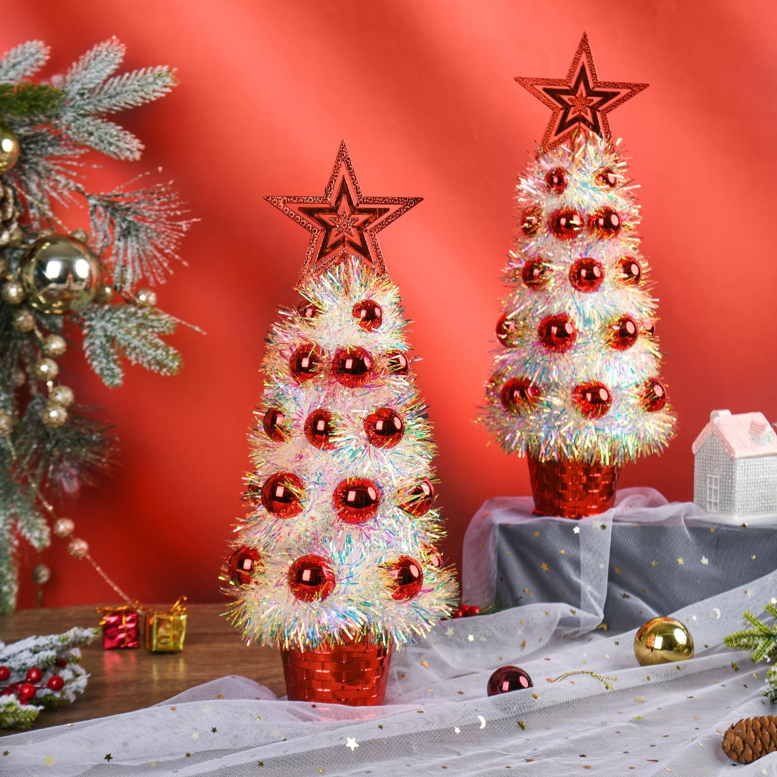 2 PCS 14 Inch Mini White Tinsel Tabletop Christmas Trees Red Star Ornaments