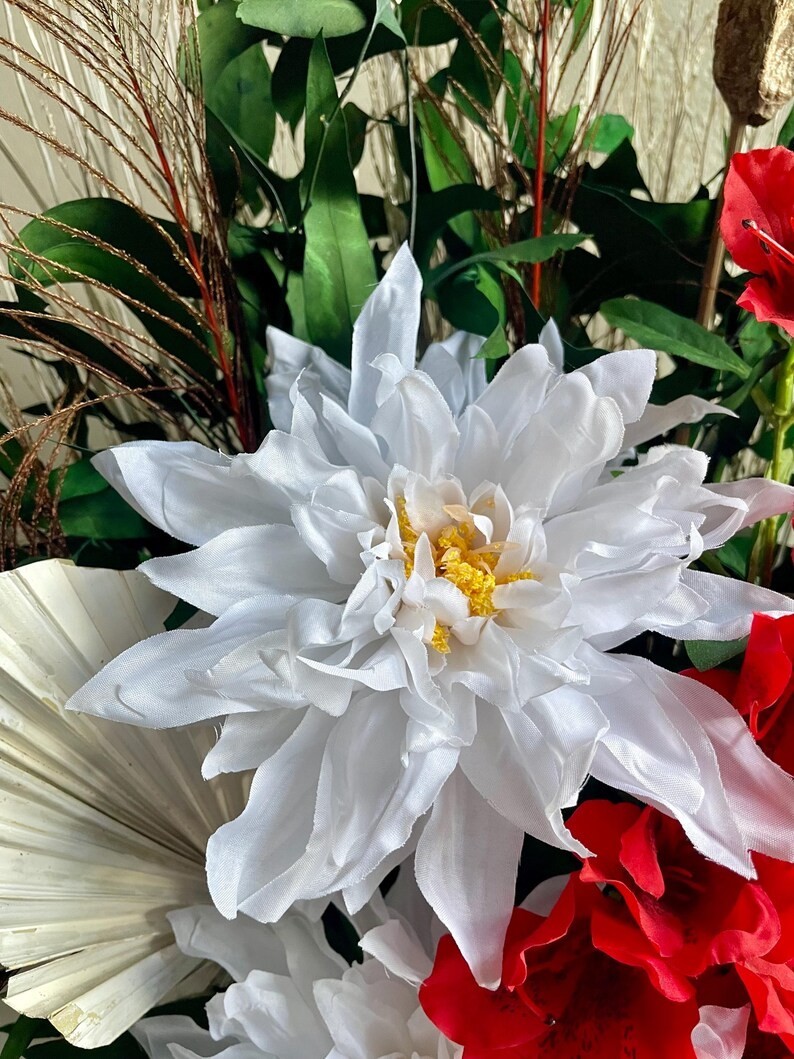 Earthy Red & White Floral Arrangement: Peacock Home Decor, Table Centerpiece