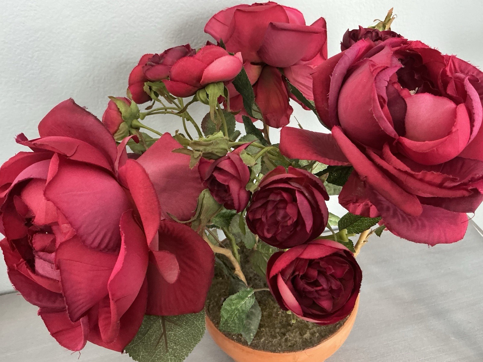 Realistic Artificial Camellia Red Roses Floral Arrangement Terracotta Pot 15’’
