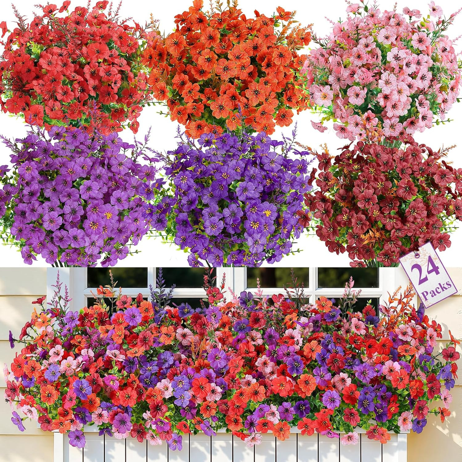24 Bundles Artificial Flowers for Outdoors Decoration, Faux Plants Fake Silk Col