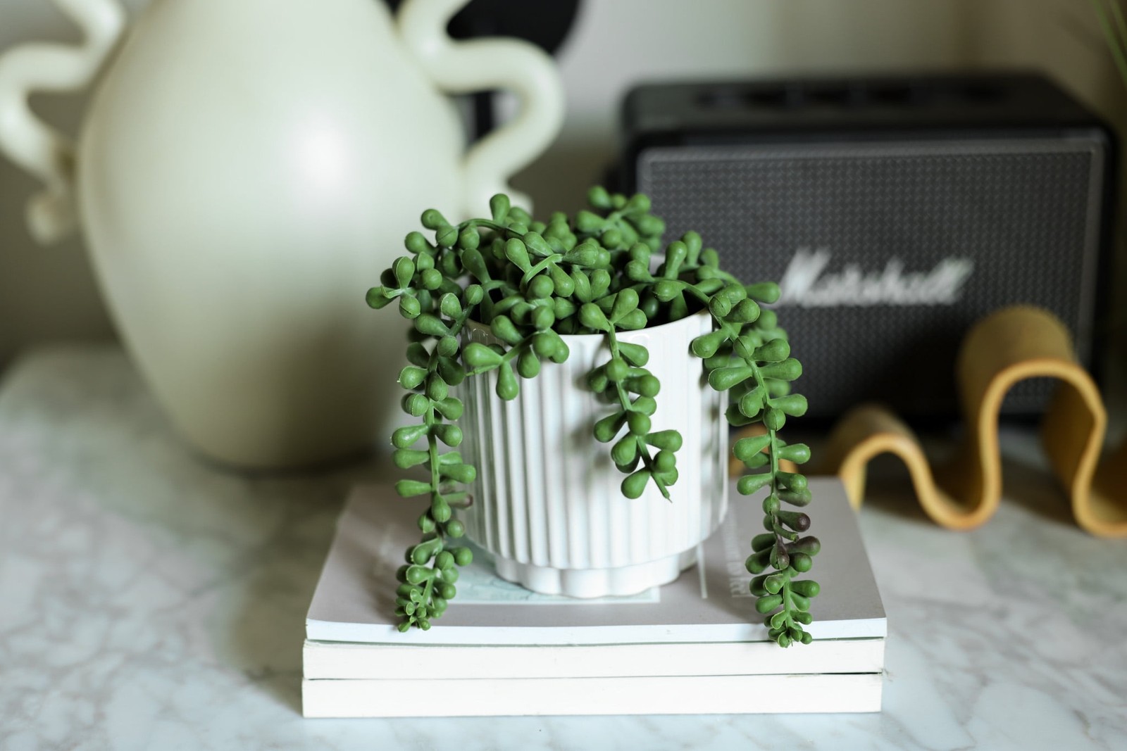 5.38” UV Protected Artificial String of Pearls in White Ceramic Pot Tabletops