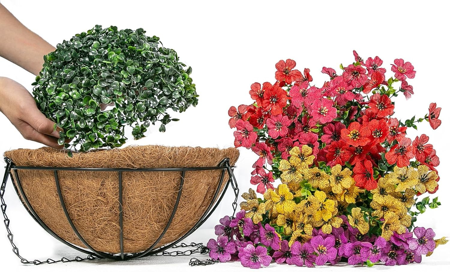 24 Pcs Artificial Flowers in Hanging Baskets for Outdoor Garden Decor
