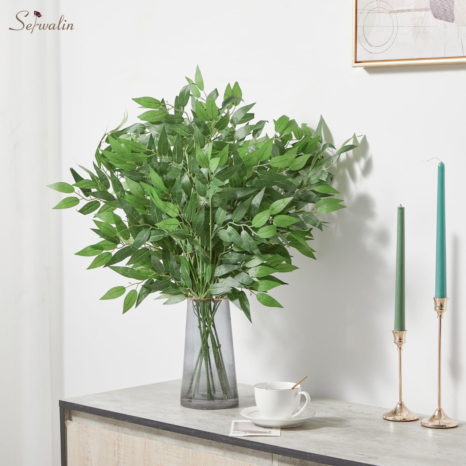Serwalin 30Pcs Italian Ruscus Greenery Stems Artificial Greenery Leaves, 21.6…
