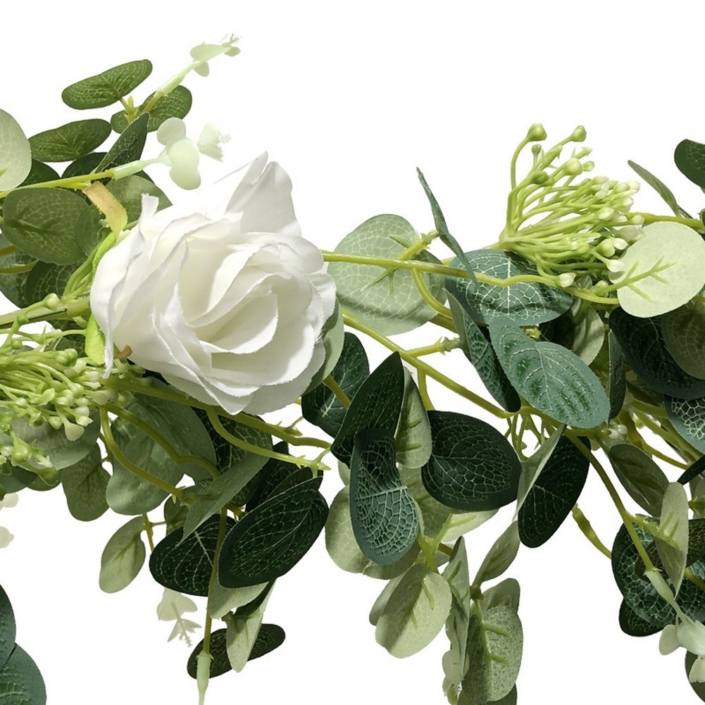 Artificial Acacia Vine 2M with White Faux Roses and Leaves for Weddings