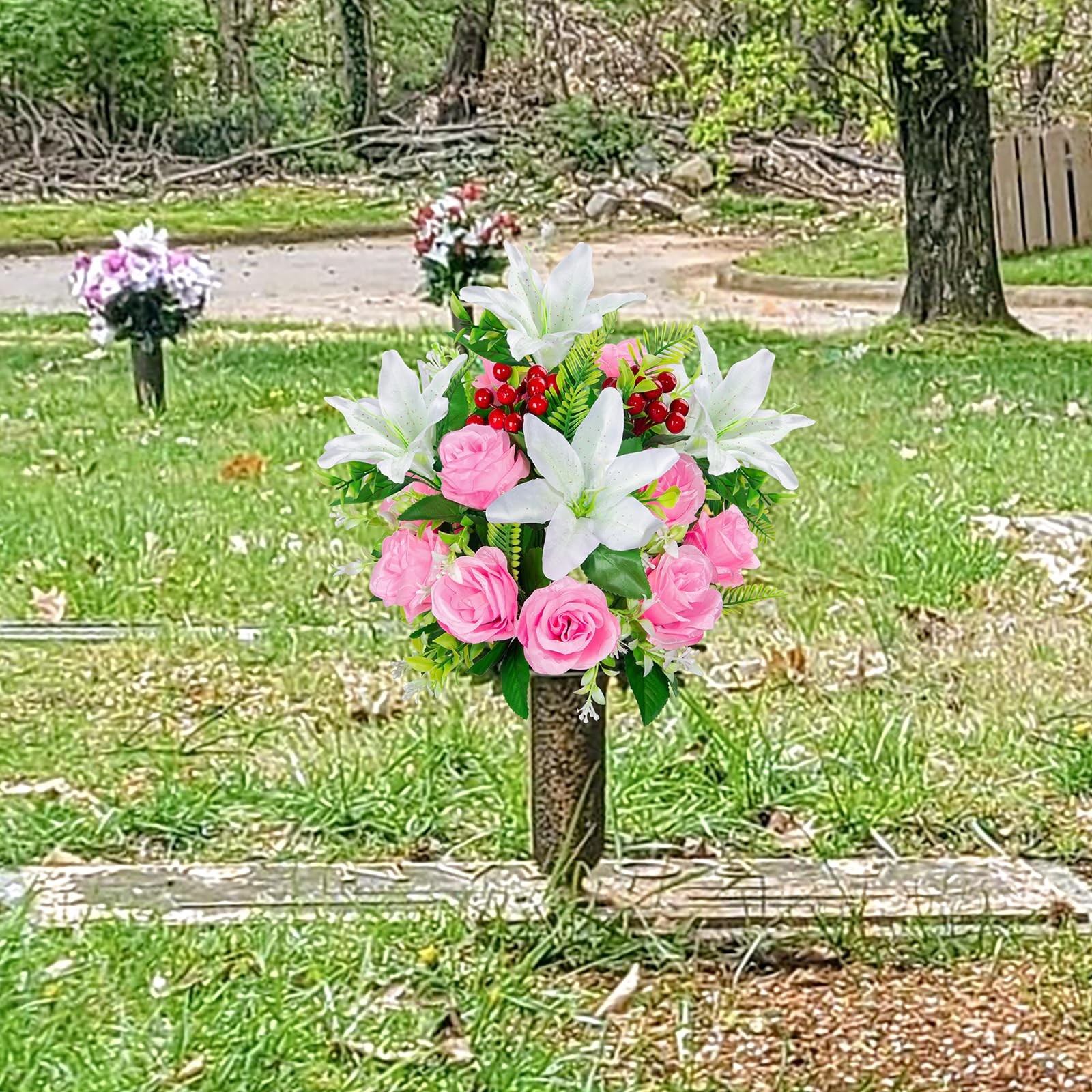 Artificial Cemetery Flowers with Vase, Set of 2 Rose Lily Bouquet Graveside D…