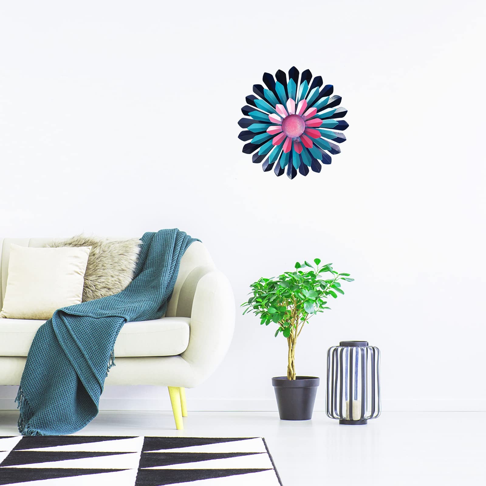 LITIALLY 12 Inches Metal Flower Wall Art Garden Decor 12″L x 12″W, Pink Blue