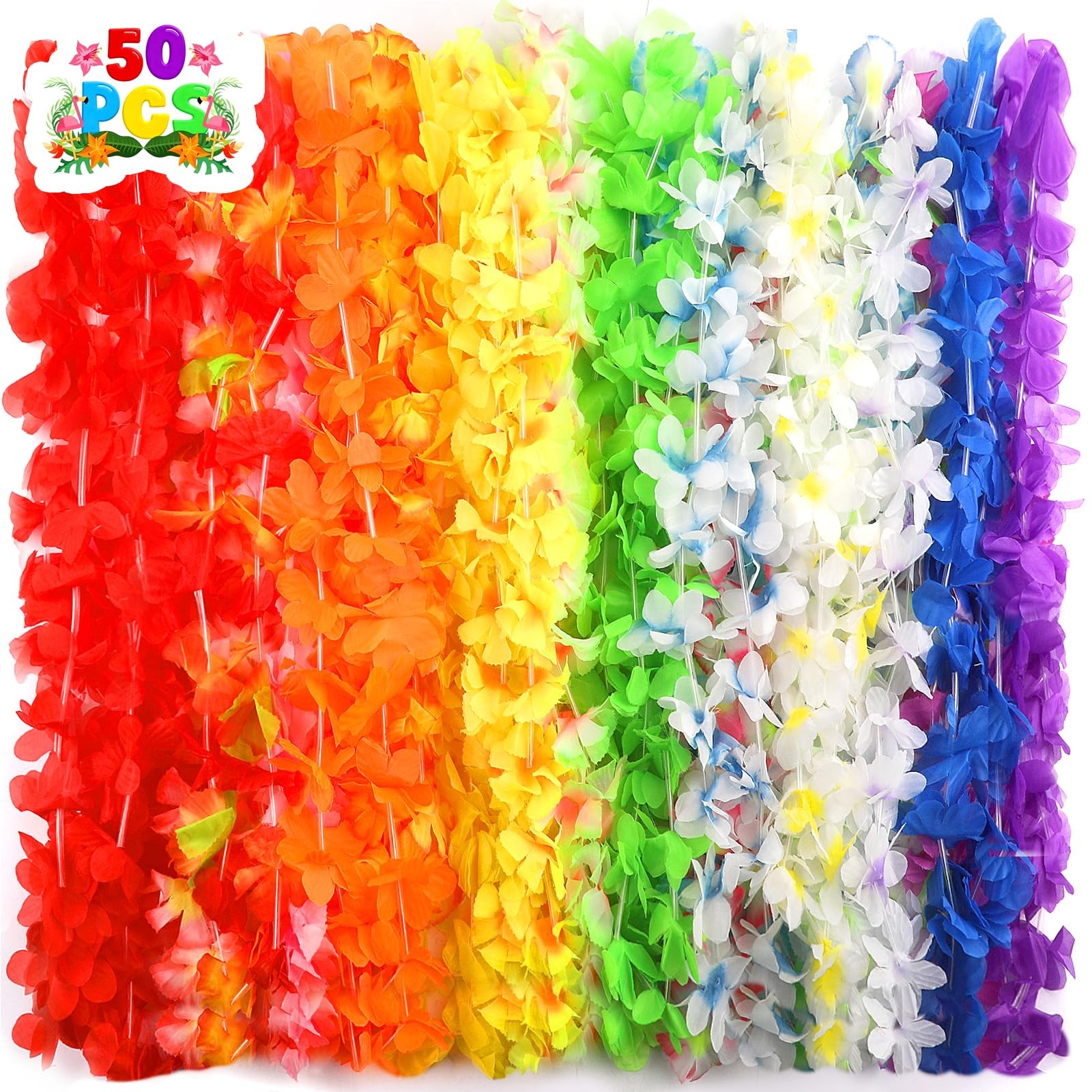 50 PCS Hawaiian Leis Bulk Colorful Tropical Flower Necklace for Luau Party De…