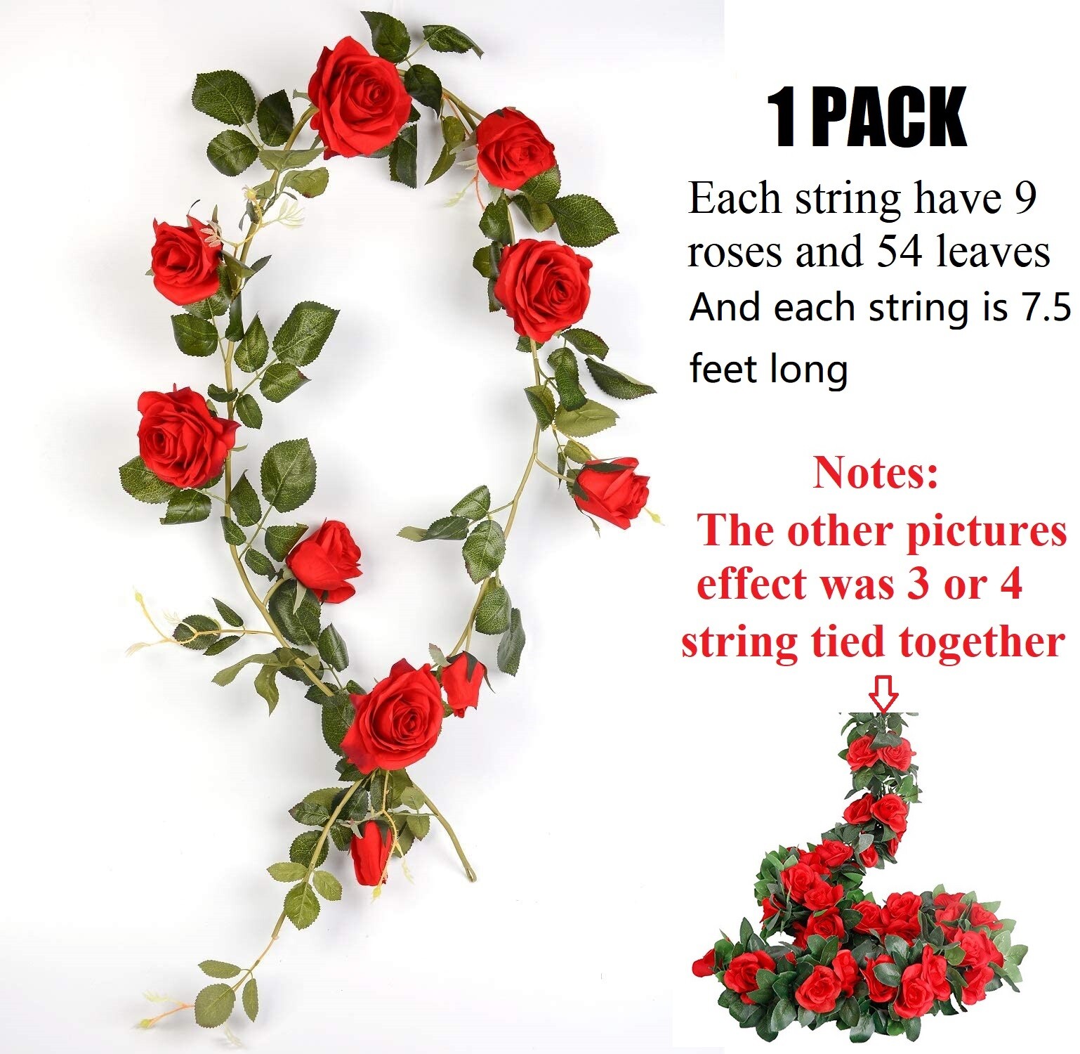 7.5 Ft Red Garland Wall Silk Artificial Hanging Rose Flowers Vine Wedding Decor
