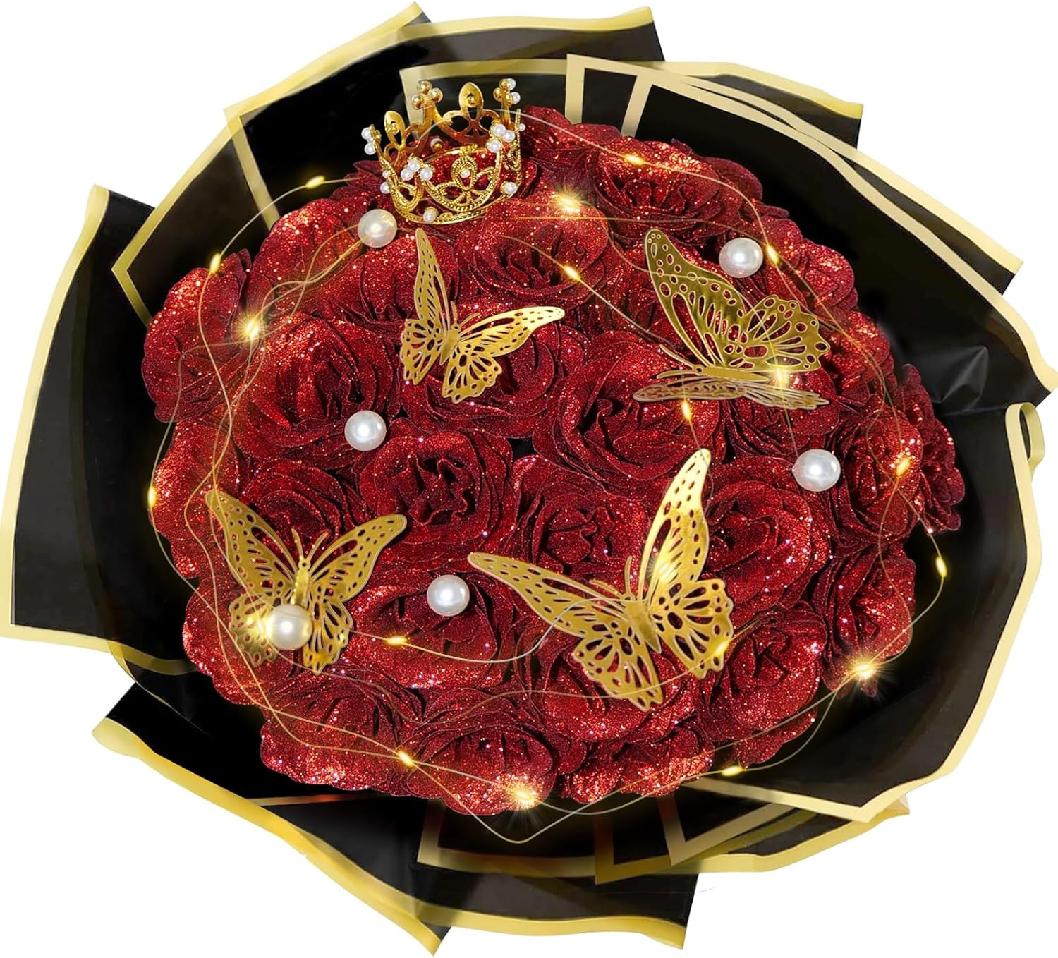 Red Glitter Roses Bouquet 24 Pcs Artificial Shiny Flowers for Wedding & Gifts