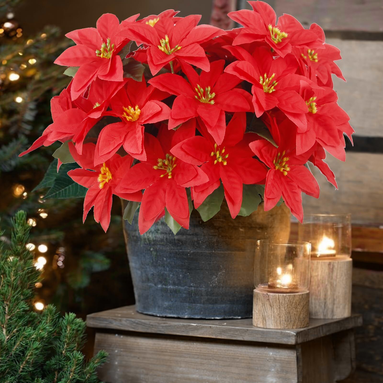 8 PCS CHRISTMAS FLOWERS POINSETTIA ARTIFICIAL CHRISTMAS FLOWERS 7 HEADS SILK POI
