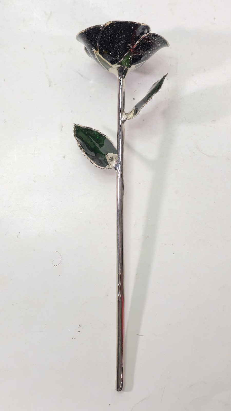 Steven Singer Jeweler Real Rose Preserved Dipped in Platinum Black & Green 12″