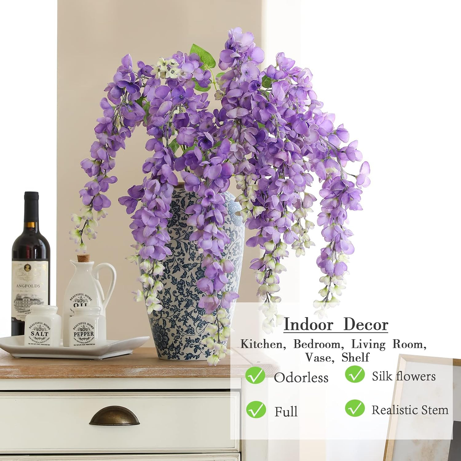 Silk Purple Wisteria Garland – 40” Artificial Flowers for Home & Wedding Decor