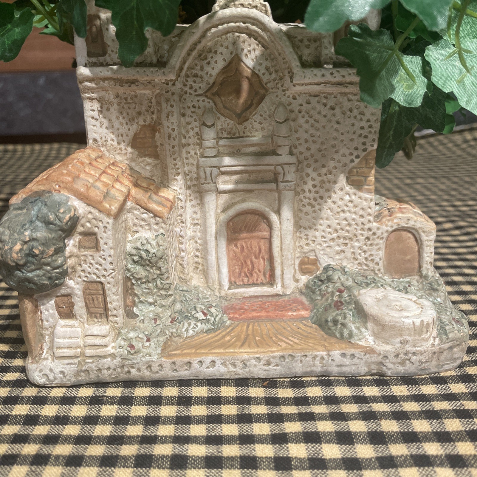 Unique Hand painted Terracotta House With Fake Plant On Top