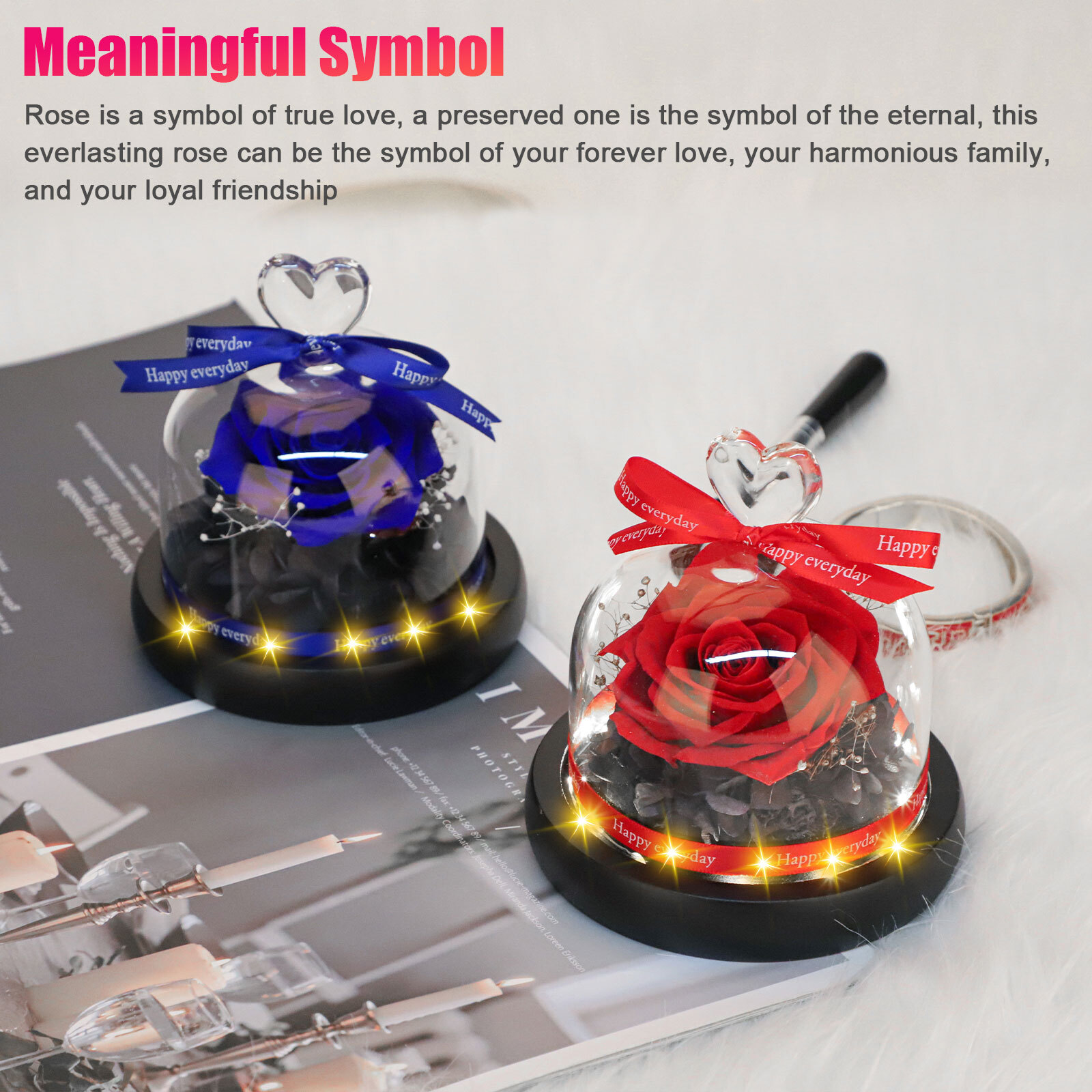 LED Eternal Forever Rose Flower Glass Dome Ring Lighted Christmas Preserved Gift