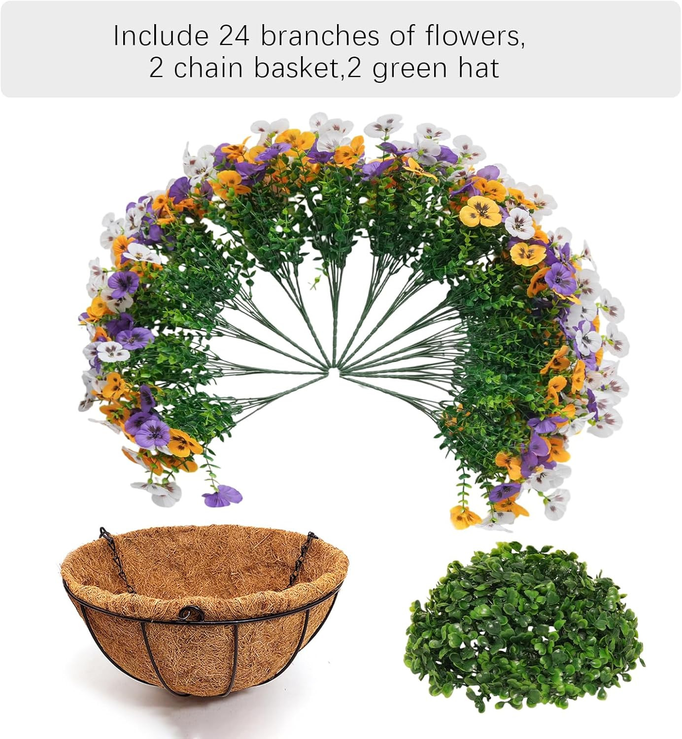 24 Pcs Silk Pansy Hanging Flowers with Basket for Outdoor Home Decor