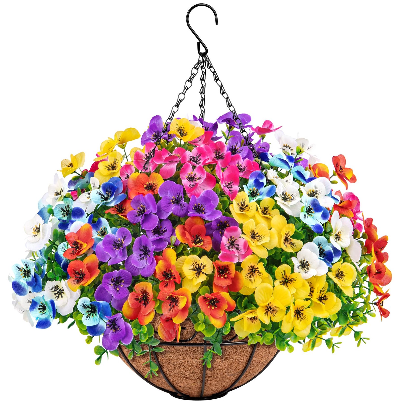 Artificial Hanging Flowers with Baskets for Outdoors, Fake Silk Pansy Flowers…
